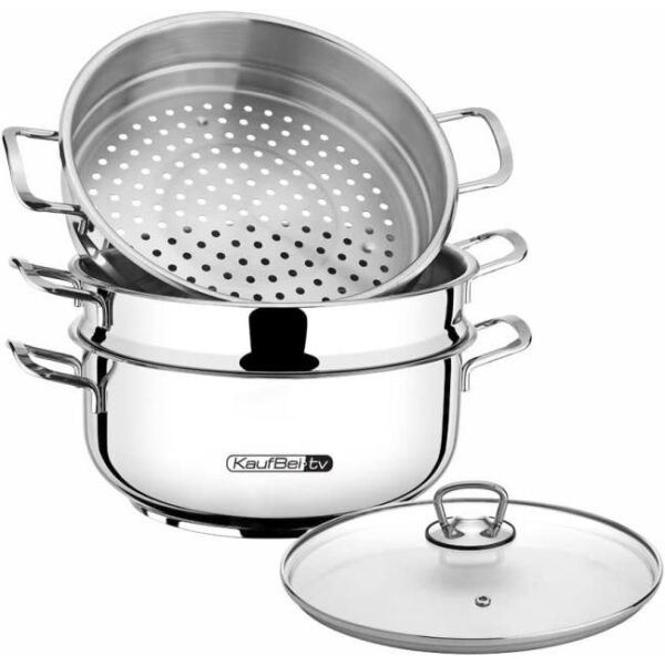 BEM Dampfkocher: 6-tlg Set aus Edelstahl, Ø 26 cm, Russische Mantowarka mit Dampfeinsatz und Glasdeckel, Dampfkochtopf, auch für Induktionsherd Bild 2 Zu sehen ist AZ Produktbild 2 zu folgenden Produkt: BEM Dampfkocher: 6-tlg Set aus Edelstahl, Ø 26 cm, Russische Mantowarka mit Dampfeinsatz und Glasdeckel, Dampfkochtopf, auch für Induktionsherd