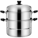 Zu sehen ist AZ Produktbild 1 zu folgenden Produkt: Cabilock Edelstahl Dampfgarer Topf Suppentopf Pastatopf Dampfkorb 3 Schichten Dim Sum Dämpfer Kochtopf Chinesischer Dampfer Dampftopf für Hot Pot Gemüse Kartoffel Dumpling Küche Kochgeschirr 26cm