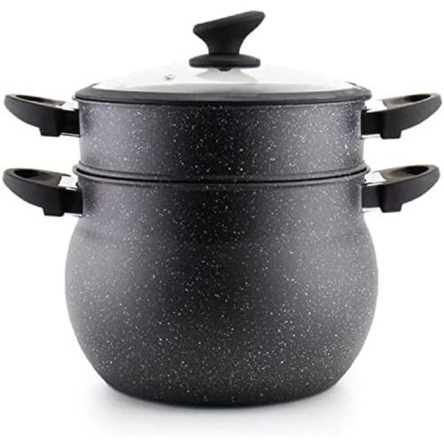 Zu sehen ist AZ Produktbild 1 zu folgenden Produkt: CousCous Topf/Dampfgarer Agadir 8 Liter, Couscoussiere (3-in-1) Dämpfer Induktion mit Glasdeckel
