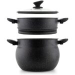 Zu sehen ist AZ Produktbild 2 zu folgenden Produkt: CousCous Topf/Dampfgarer Agadir 8 Liter, Couscoussiere (3-in-1) Dämpfer Induktion mit Glasdeckel