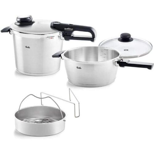 Fissler Vitavit Premium / Schnellkochtopf-Set, 5-teilig (6l - Ø 22 cm & Schnellbratpfanne 3,5l - Ø 22 cm) inkl. Metall-Deckel, Glas-Deckel, Einsatz - Induktion Bild 1 Zu sehen ist AZ Produktbild 1 zu folgenden Produkt: Fissler Vitavit Premium 5tlg. Schnellkochtopf-Set