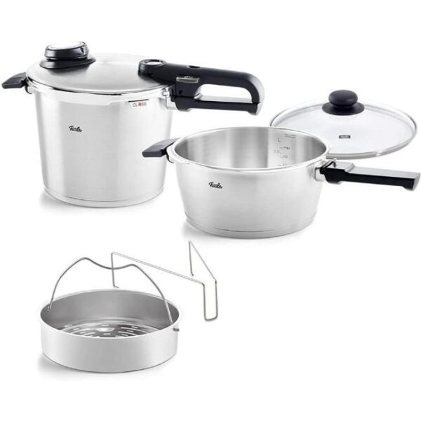 Fissler Vitavit Premium / Schnellkochtopf-Set, 5-teilig (6l - Ø 22 cm & Schnellbratpfanne 3,5l - Ø 22 cm) inkl. Metall-Deckel, Glas-Deckel, Einsatz - Induktion Bild 1 Zu sehen ist AZ Produktbild 1 zu folgenden Produkt: Fissler Vitavit Premium 5tlg. Schnellkochtopf-Set
