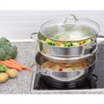 Zu sehen ist AZ Produktbild 3 zu folgenden Produkt: GRÄWE Topf mit 2 Dampfeinsätzen und Glasdeckel, Kochtopf zum Dünsten, 28 cm, Dampftopf, Dampfgarer, Gemüse- und Kartoffeldämpfer, spülmaschinengeeignet, induktionsgeeignet