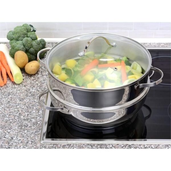 Zu sehen ist AZ Produktbild 4 zu folgenden Produkt: GRÄWE Topf mit 2 Dampfeinsätzen und Glasdeckel, Kochtopf zum Dünsten, 28 cm, Dampftopf, Dampfgarer, Gemüse- und Kartoffeldämpfer, spülmaschinengeeignet, induktionsgeeignet