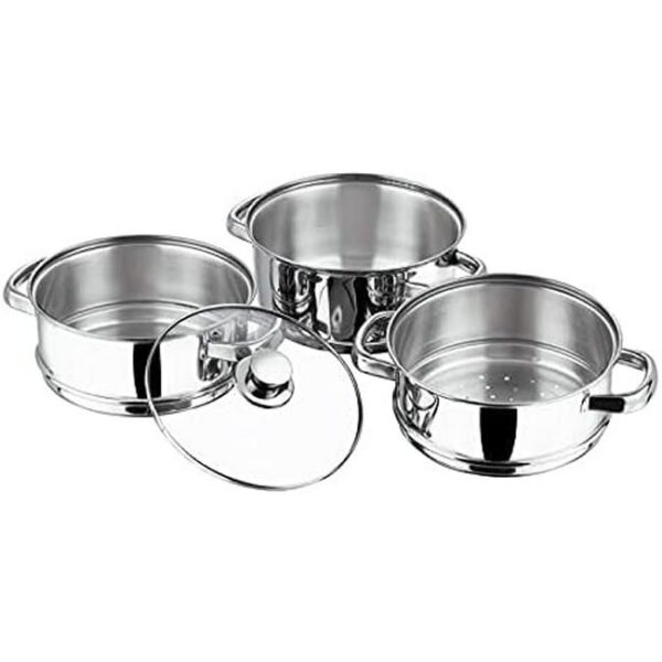 Vinod Dampfgarer-Kochpfanne mit 3 Etagen für Induktionsherd, Lebensmittel und Gemüse, mit belüftetem Glasdeckel (24 cm, 3-stöckig) Bild 2 Zu sehen ist AZ Produktbild 2 zu folgenden Produkt: Vinod Dampfgarer-Kochpfanne mit 3 Etagen für Induktionsherd, Lebensmittel und Gemüse, mit belüftetem Glasdeckel (24 cm, 3-stöckig)