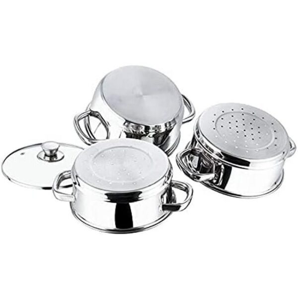 Vinod Dampfgarer-Kochpfanne mit 3 Etagen für Induktionsherd, Lebensmittel und Gemüse, mit belüftetem Glasdeckel (24 cm, 3-stöckig) Bild 3 Zu sehen ist AZ Produktbild 3 zu folgenden Produkt: Vinod Dampfgarer-Kochpfanne mit 3 Etagen für Induktionsherd, Lebensmittel und Gemüse, mit belüftetem Glasdeckel (24 cm, 3-stöckig)