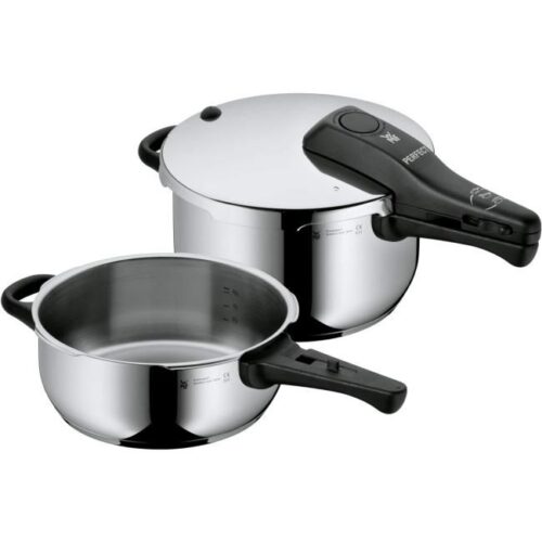 Zu sehen ist AZ Produktbild 1 zu folgenden Produkt: WMF Perfect Schnellkochtopf Set Induktion 2-teilig, Dampfkochtopf 4,5l + 3l, Cromargan Edelstahl poliert, 2 Kochstufen, Einhand-Kochstufenregler